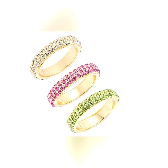 Aqua 14k Gold Plated Pave Rings with Pink and Green Crystals Set Of 3 - Picture 1 of 3